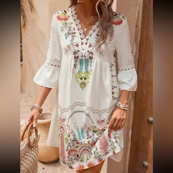 Boho Floral Peacock Print Guipure Crochet Lace Flounce Sleeve Dress - Picture 2 of 6